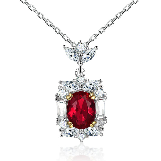 S925 Pure Silver Fashion Jewelry Set, Ring, Stud Earrings, Necklace Three-Piece Set, Oval Ruby Jewelry Set