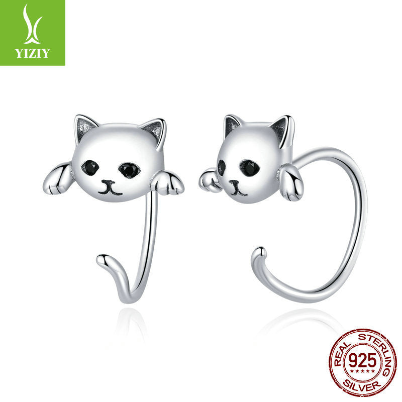 Original cute cat ear stud earrings set playful animal electroplated 925 pure silver jewelry