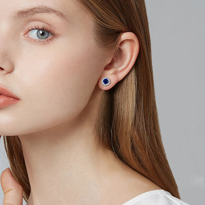 S925 sterling silver new European and American style stud earrings for women, fashionable creative round zircon earrings, simple micro-inlaid sapphire stud earrings in stock
