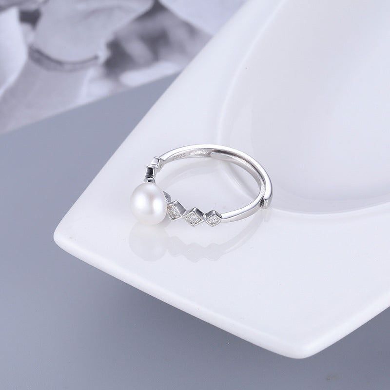 Original new style S925 silver ring for women, simple and luxurious diamond-shaped pearl finger ring DIY accessories.