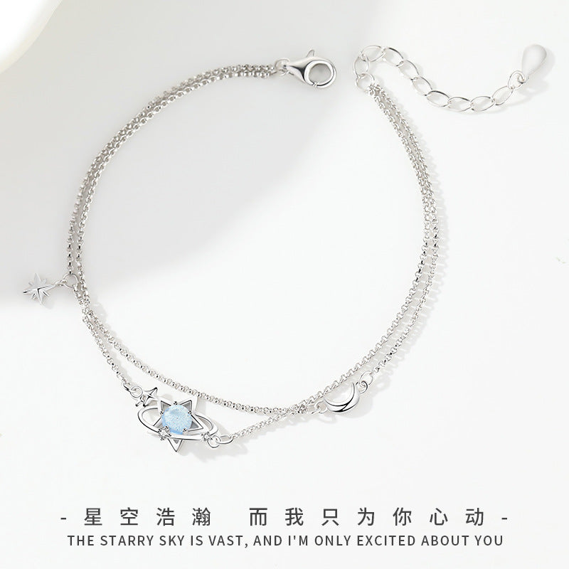Original Star Movement Trajectory S925 Pure Silver Glass Stone Star Bracelet for Women, Versatile Double Layer Star Accessories