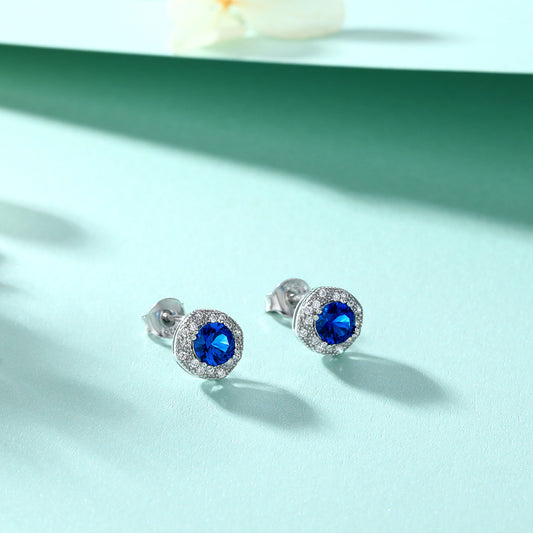 S925 sterling silver new European and American style stud earrings for women, fashionable creative round zircon earrings, simple micro-inlaid sapphire stud earrings in stock