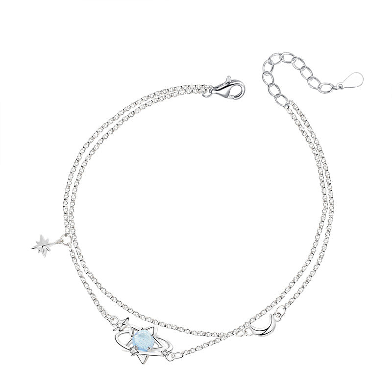Original Star Movement Trajectory S925 Pure Silver Glass Stone Star Bracelet for Women, Versatile Double Layer Star Accessories