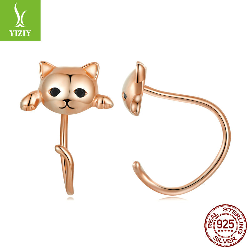 Original cute cat ear stud earrings set playful animal electroplated 925 pure silver jewelry