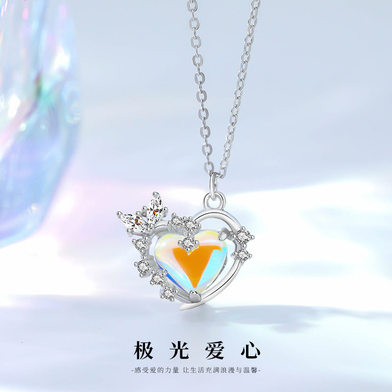 Original Aurora love heart necklace for women S925 pure silver moonstone clavicle chain niche versatile pendant jewelry wholesale ...