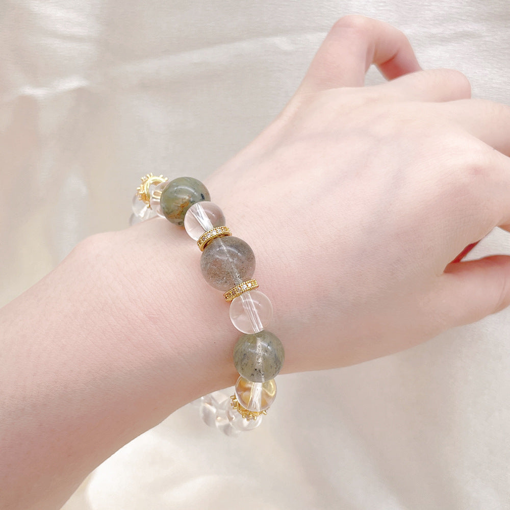New original design same style white moonlight crystal bracelet with green phantom micro-inlaid spacer beads, light luxury temperament bracelet.