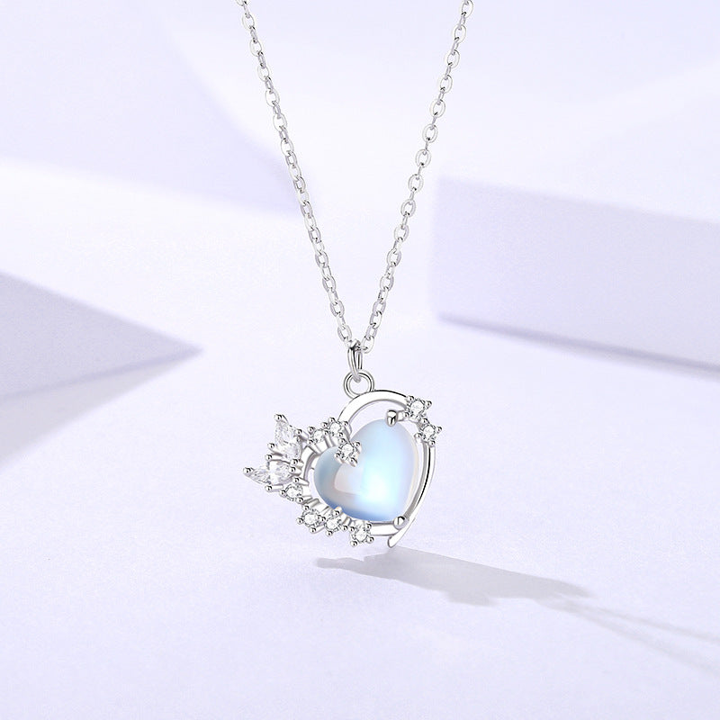 Original Aurora love heart necklace for women S925 pure silver moonstone clavicle chain niche versatile pendant jewelry wholesale ...