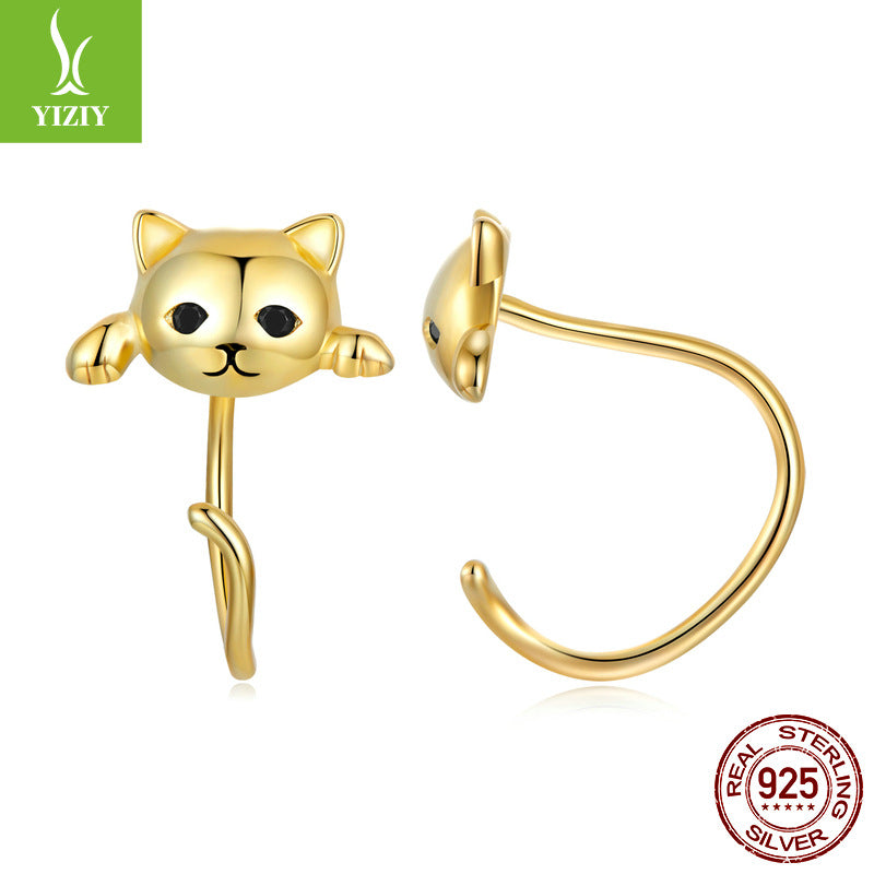 Original cute cat ear stud earrings set playful animal electroplated 925 pure silver jewelry
