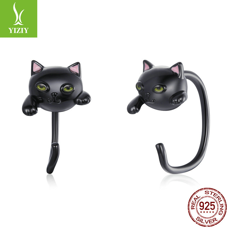 Original cute cat ear stud earrings set playful animal electroplated 925 pure silver jewelry