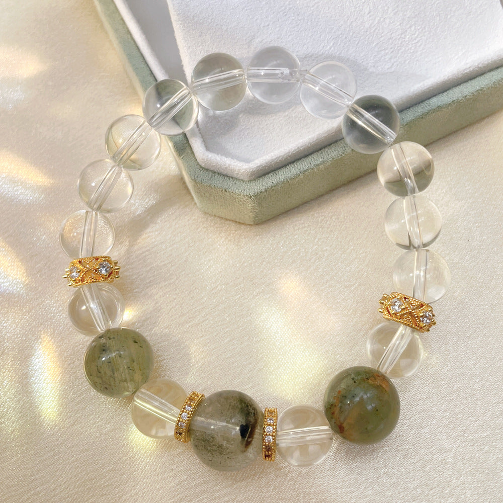 New original design same style white moonlight crystal bracelet with green phantom micro-inlaid spacer beads, light luxury temperament bracelet.