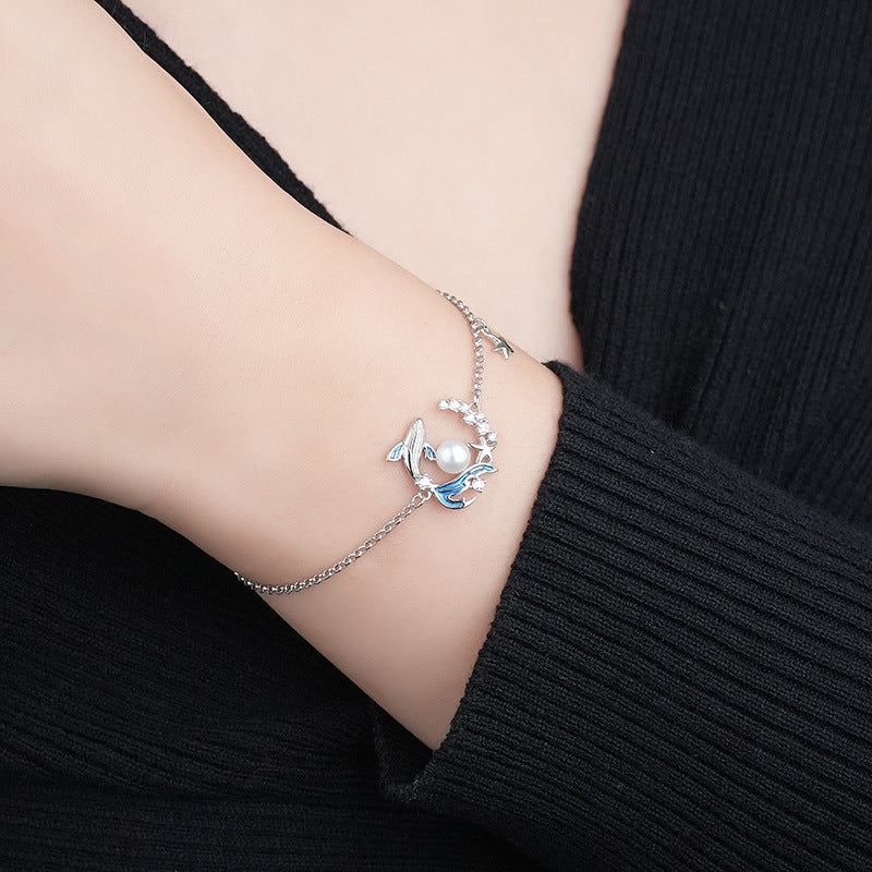 Original design whale fall bracelet s925 pure silver niche high-end zircon round bead bangle jewelry