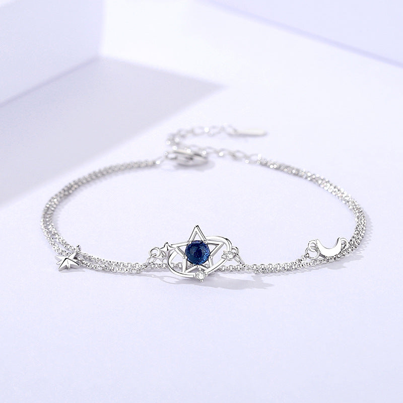 Original Star Movement Trajectory S925 Pure Silver Glass Stone Star Bracelet for Women, Versatile Double Layer Star Accessories