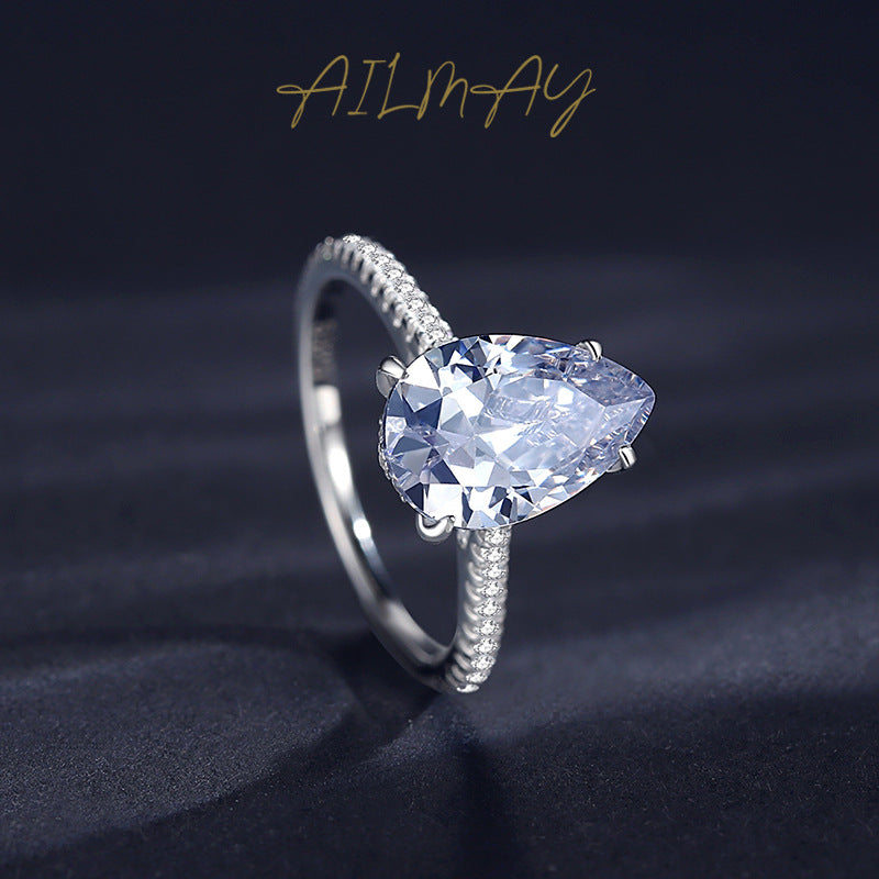 925 Sterling silver ring, European and American fashion exaggerated water drop shape simulation diamond, European and American internet celebrity ins plated white gold ring