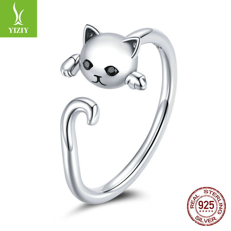 Original cute cat ear stud earrings set playful animal electroplated 925 pure silver jewelry