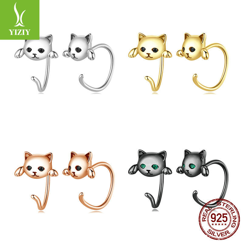 Original cute cat ear stud earrings set playful animal electroplated 925 pure silver jewelry