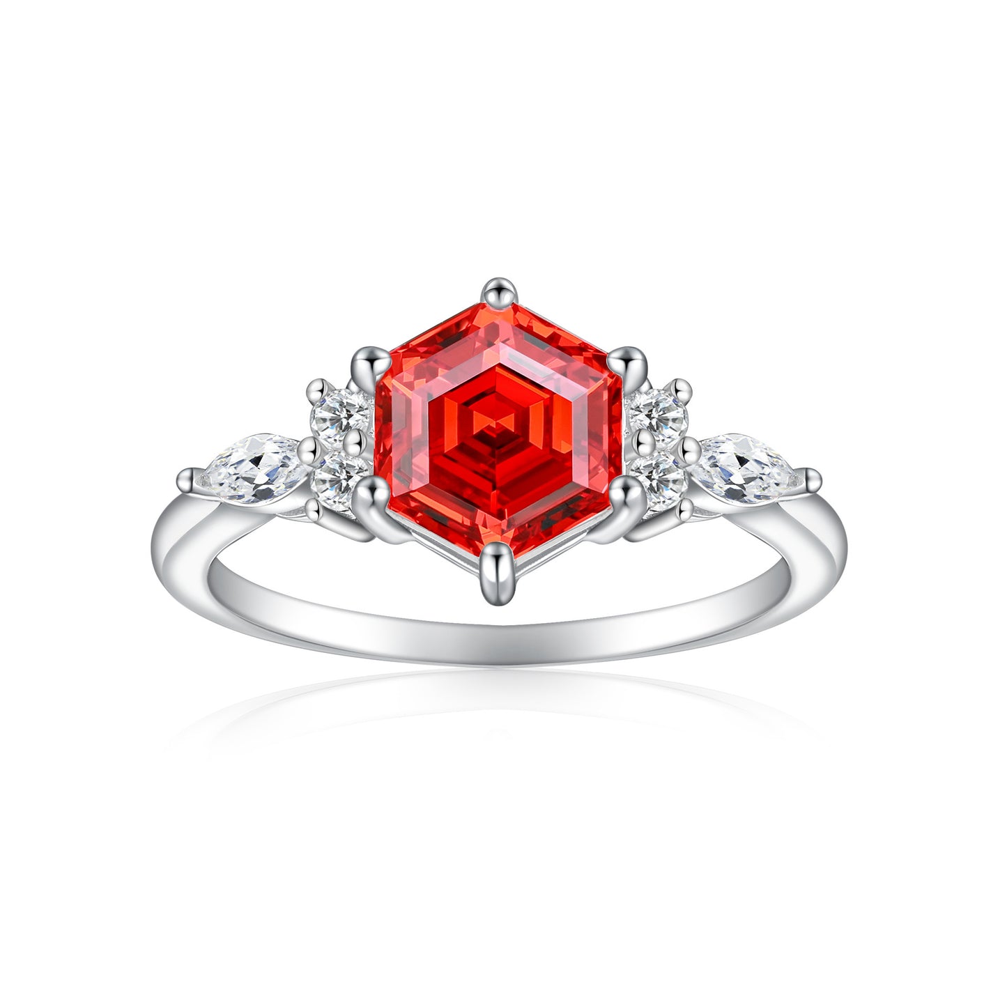 S925 Sterling Silver Women's Ring, Pure Silver, 7*7 Hexagonal Flame Colorful Gem Ruby Ring, High-End High Carbon Diamond Ring