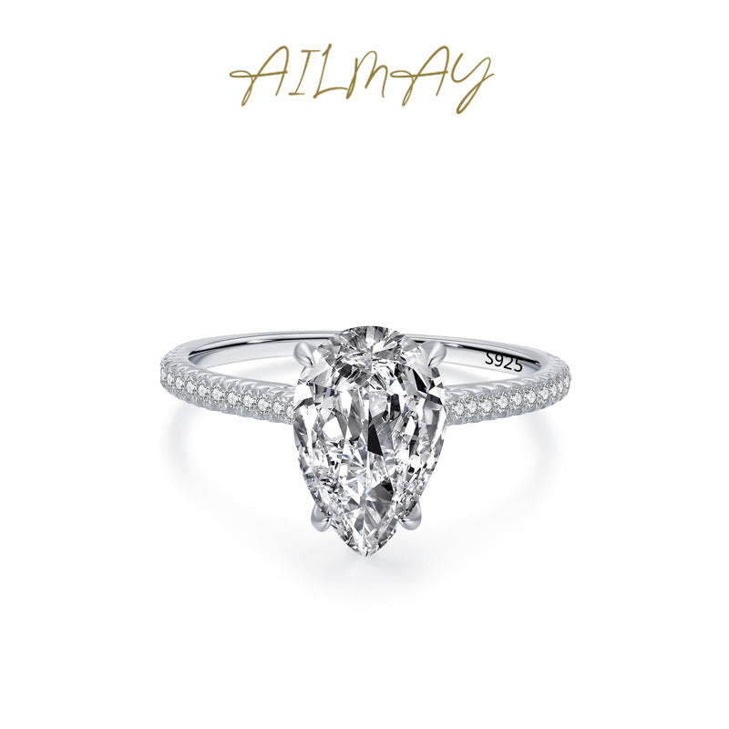 925 Sterling silver ring, European and American fashion exaggerated water drop shape simulation diamond, European and American internet celebrity ins plated white gold ring