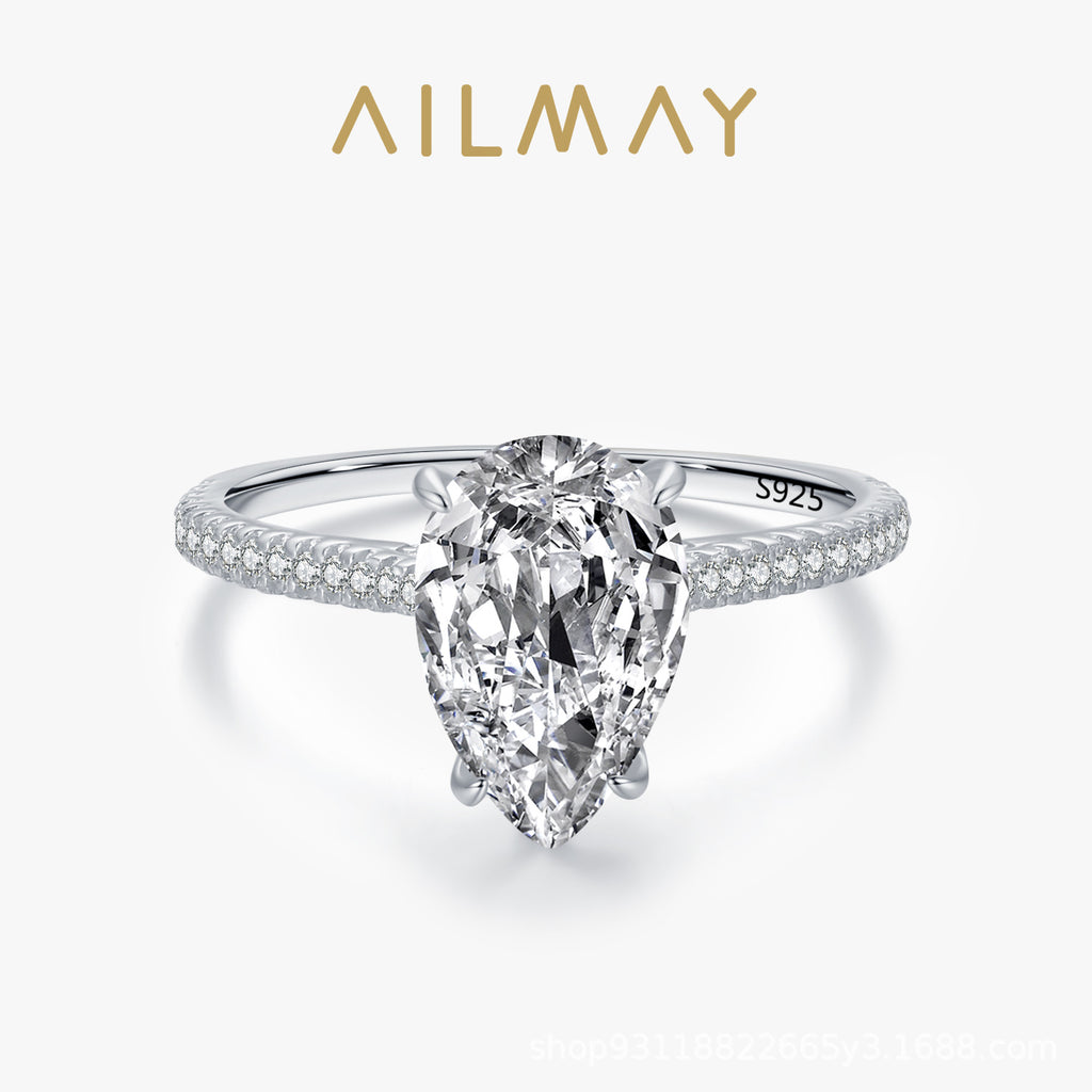 925 Sterling silver ring, European and American fashion exaggerated water drop shape simulation diamond, European and American internet celebrity ins plated white gold ring