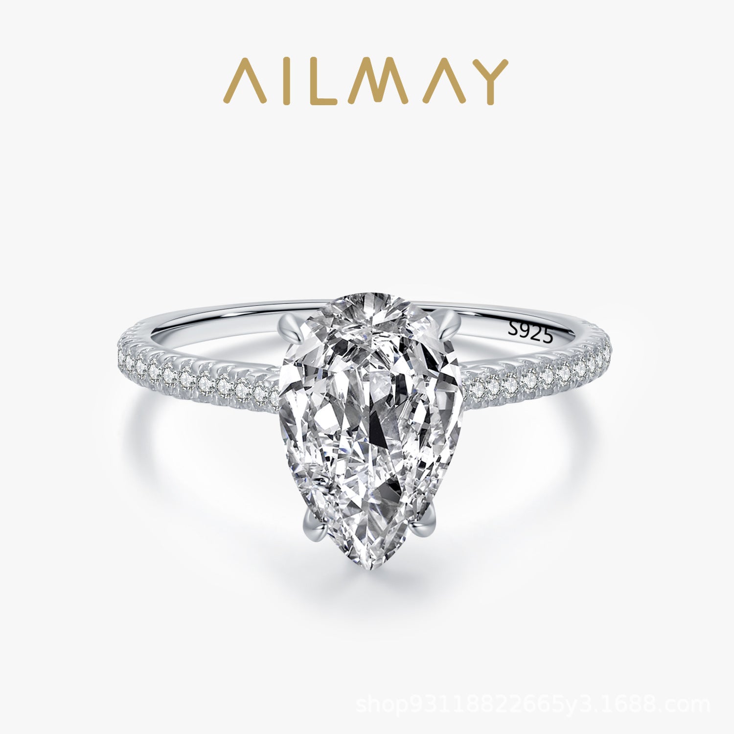 925 Sterling silver ring, European and American fashion exaggerated water drop shape simulation diamond, European and American internet celebrity ins plated white gold ring