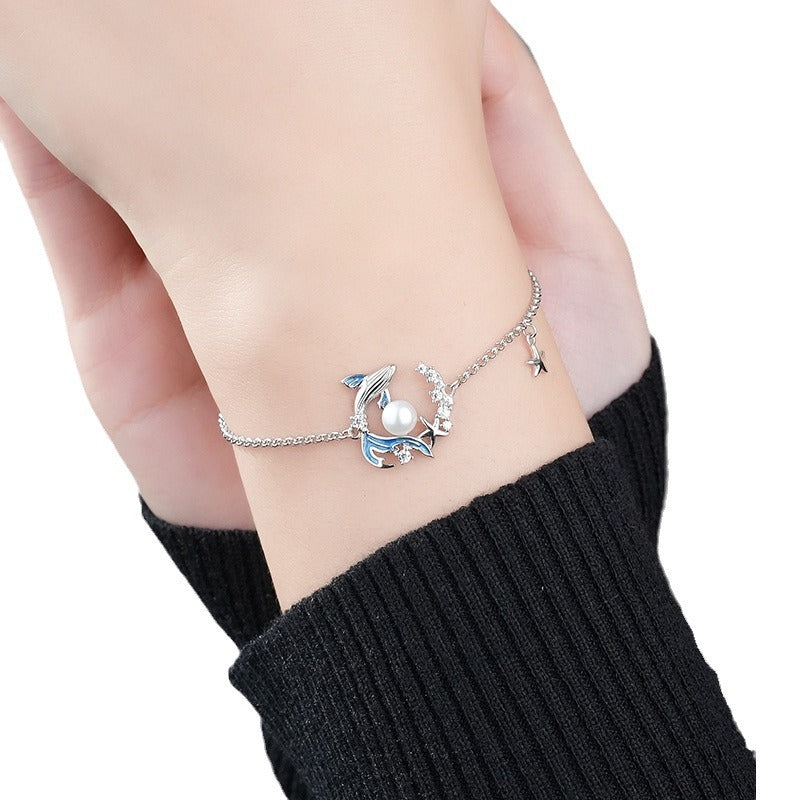 Original design whale fall bracelet s925 pure silver niche high-end zircon round bead bangle jewelry