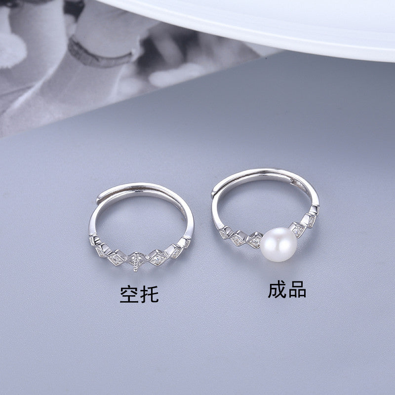 Original new style S925 silver ring for women, simple and luxurious diamond-shaped pearl finger ring DIY accessories.