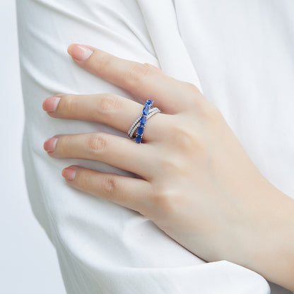 S925 silver new European and American style ring with blue gemstone, cross ring, S925 silver ring for women, designer niche cubic zirconia ring