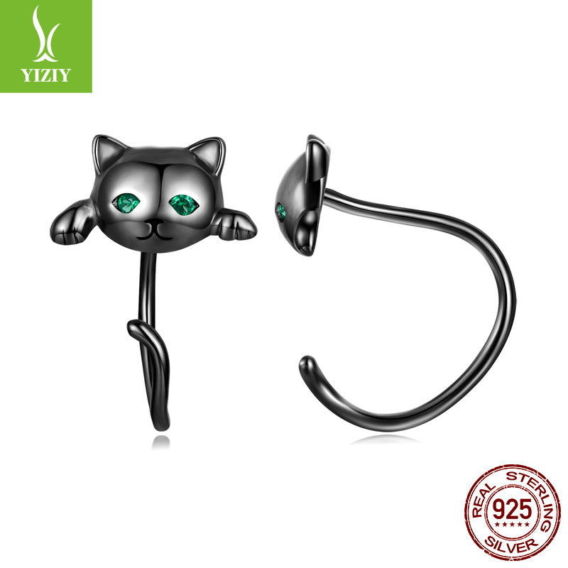 Original cute cat ear stud earrings set playful animal electroplated 925 pure silver jewelry