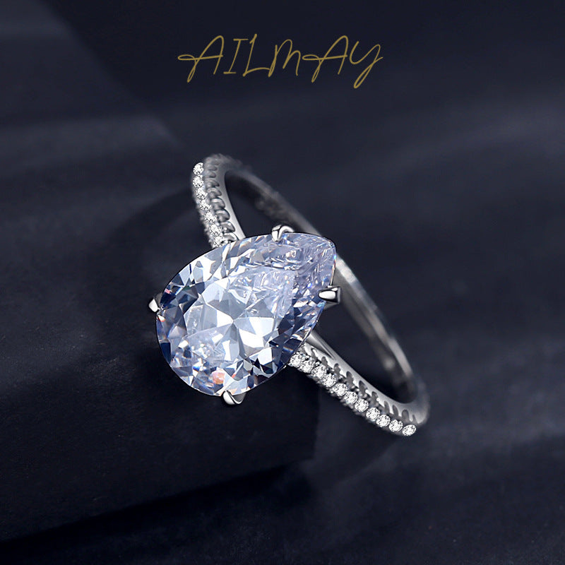 925 Sterling silver ring, European and American fashion exaggerated water drop shape simulation diamond, European and American internet celebrity ins plated white gold ring