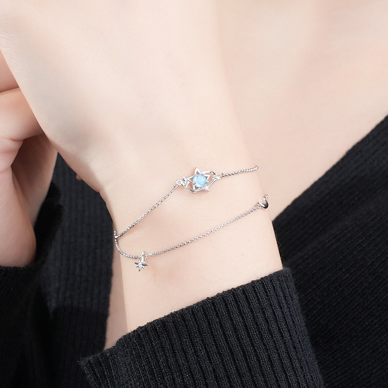 Original Star Movement Trajectory S925 Pure Silver Glass Stone Star Bracelet for Women, Versatile Double Layer Star Accessories