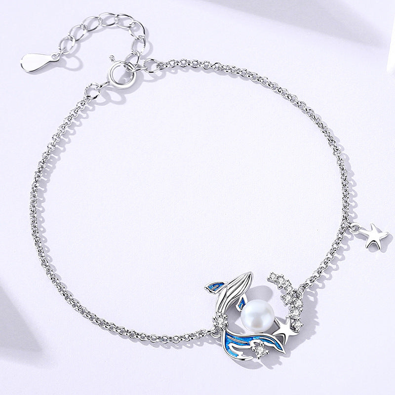 Original design whale fall bracelet s925 pure silver niche high-end zircon round bead bangle jewelry