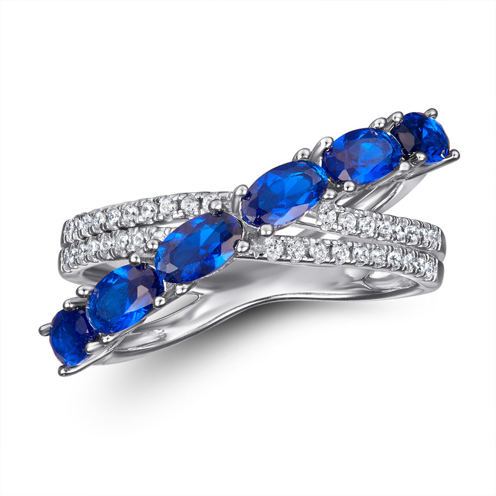 S925 silver new European and American style ring with blue gemstone, cross ring, S925 silver ring for women, designer niche cubic zirconia ring
