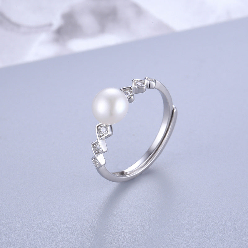 Original new style S925 silver ring for women, simple and luxurious diamond-shaped pearl finger ring DIY accessories.