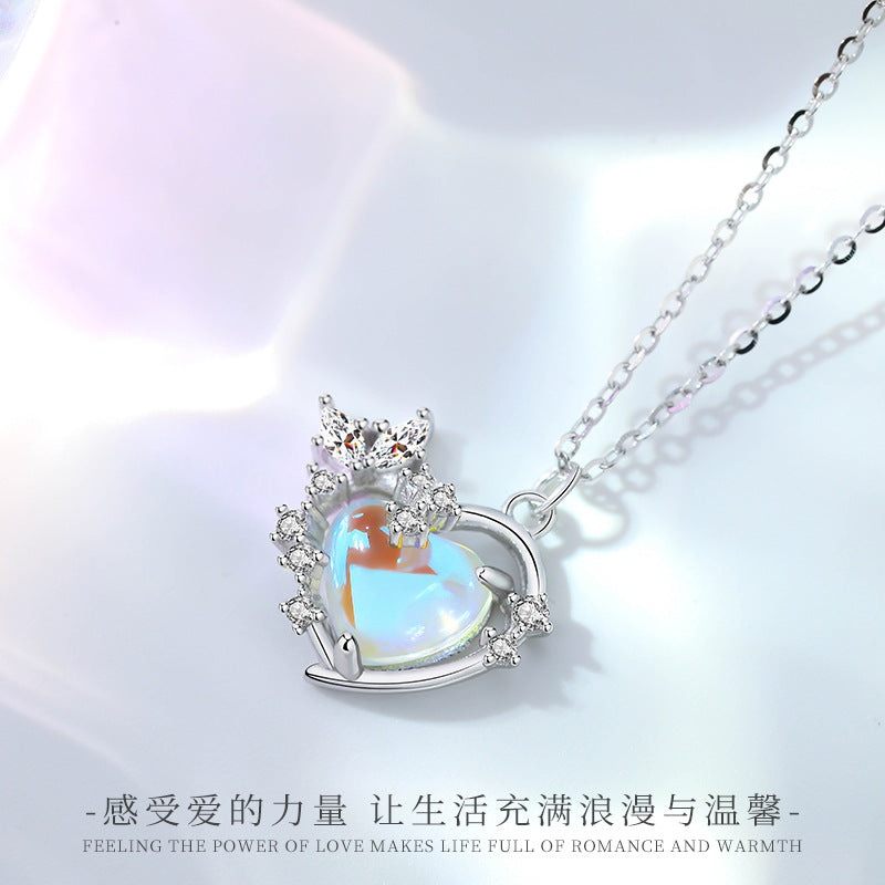 Original Aurora love heart necklace for women S925 pure silver moonstone clavicle chain niche versatile pendant jewelry wholesale ...