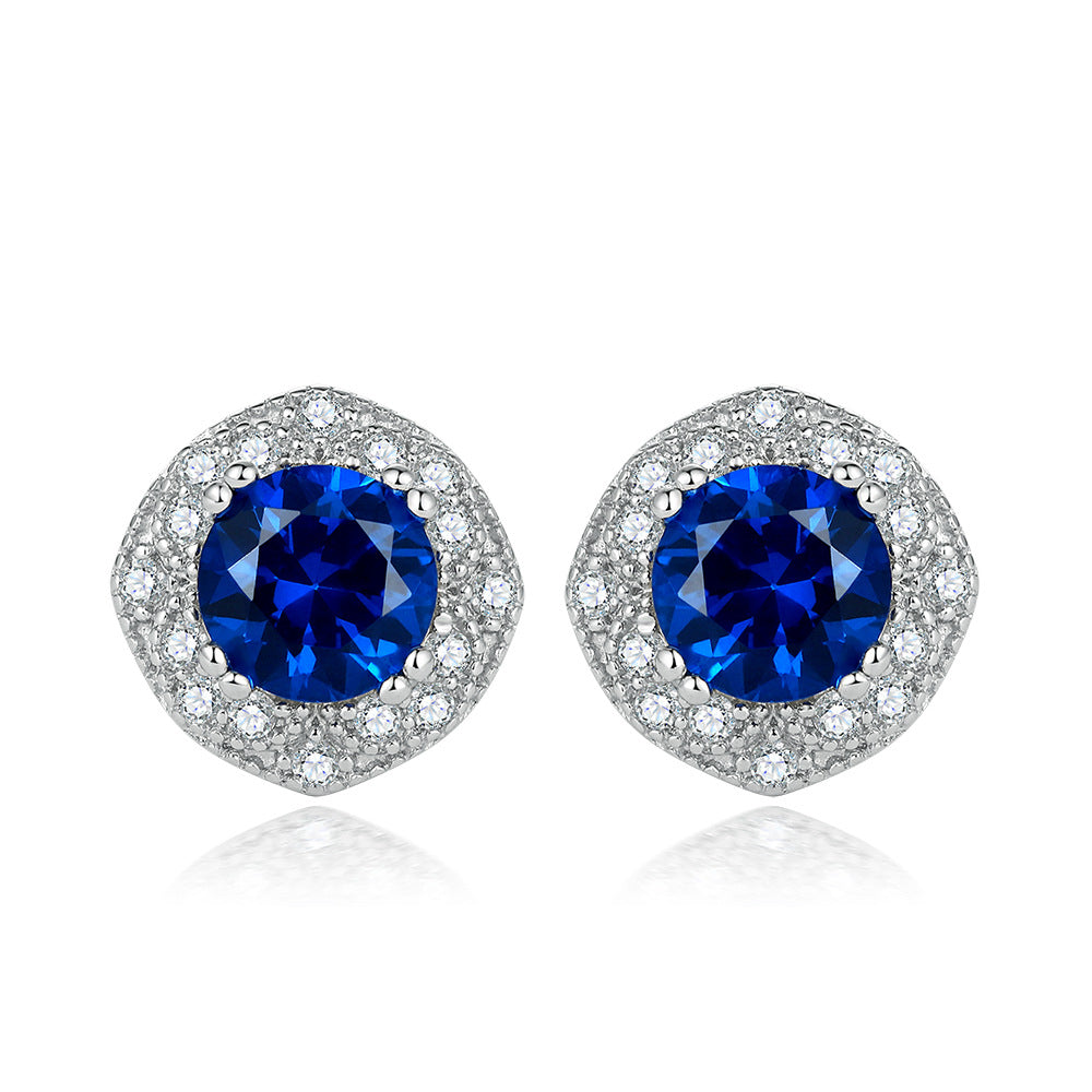 S925 sterling silver new European and American style stud earrings for women, fashionable creative round zircon earrings, simple micro-inlaid sapphire stud earrings in stock