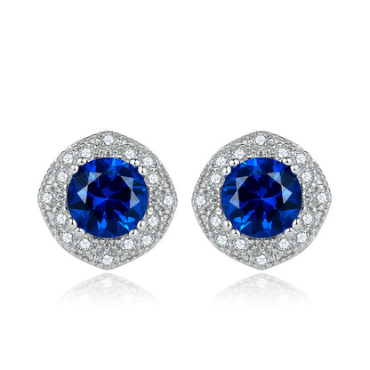 S925 sterling silver new European and American style stud earrings for women, fashionable creative round zircon earrings, simple micro-inlaid sapphire stud earrings in stock