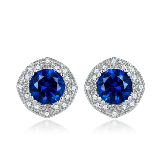 S925 sterling silver new European and American style stud earrings for women, fashionable creative round zircon earrings, simple micro-inlaid sapphire stud earrings in stock