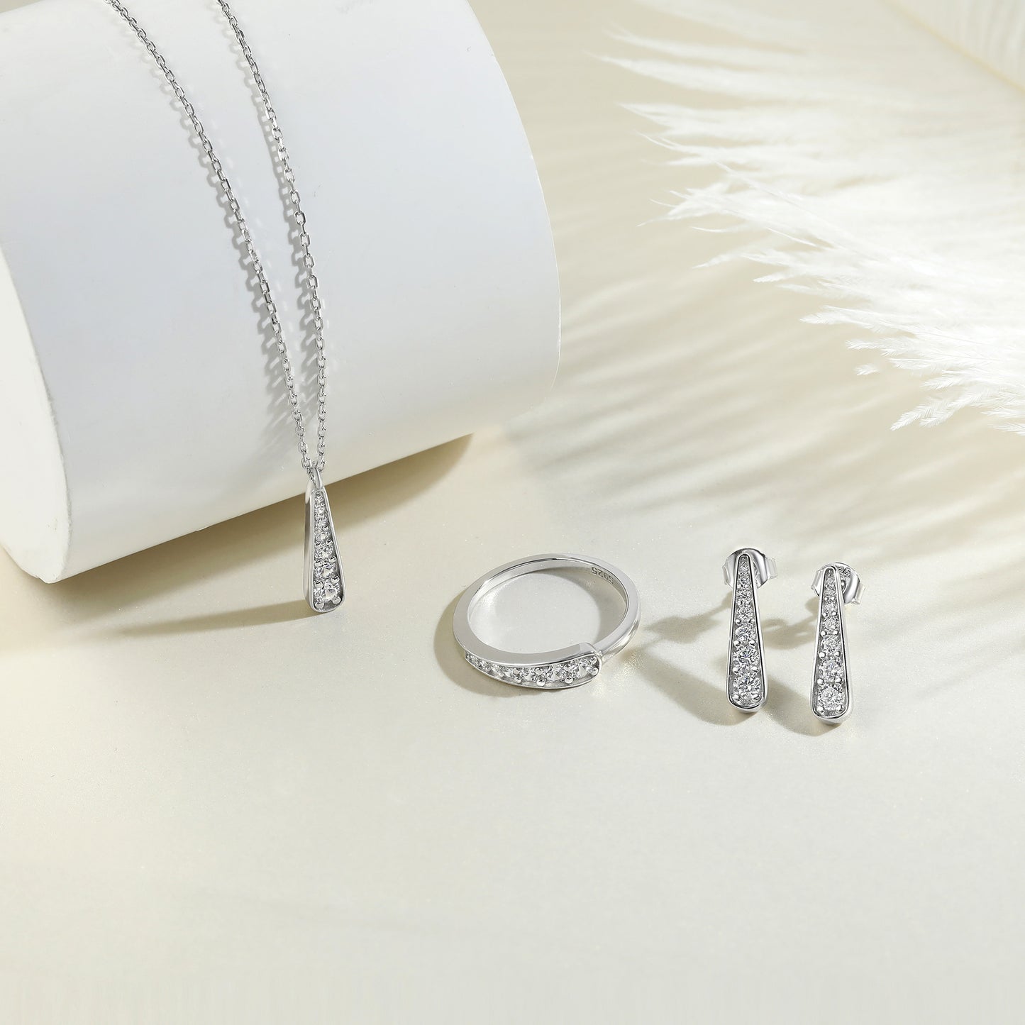 S925 Pure silver tassel stud earrings necklace earring jewelry set niche jewelry three-piece ring set