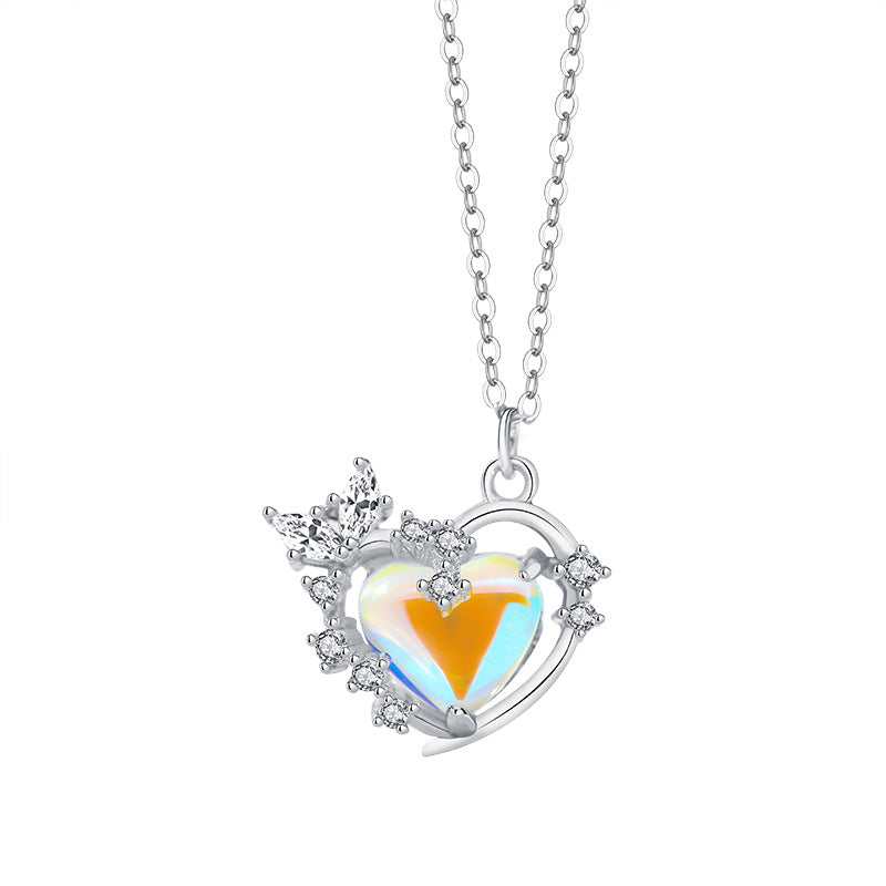 Original Aurora love heart necklace for women S925 pure silver moonstone clavicle chain niche versatile pendant jewelry wholesale ...