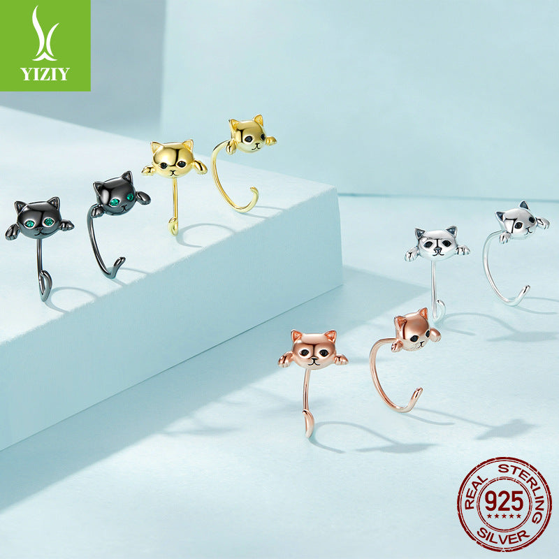 Original cute cat ear stud earrings set playful animal electroplated 925 pure silver jewelry