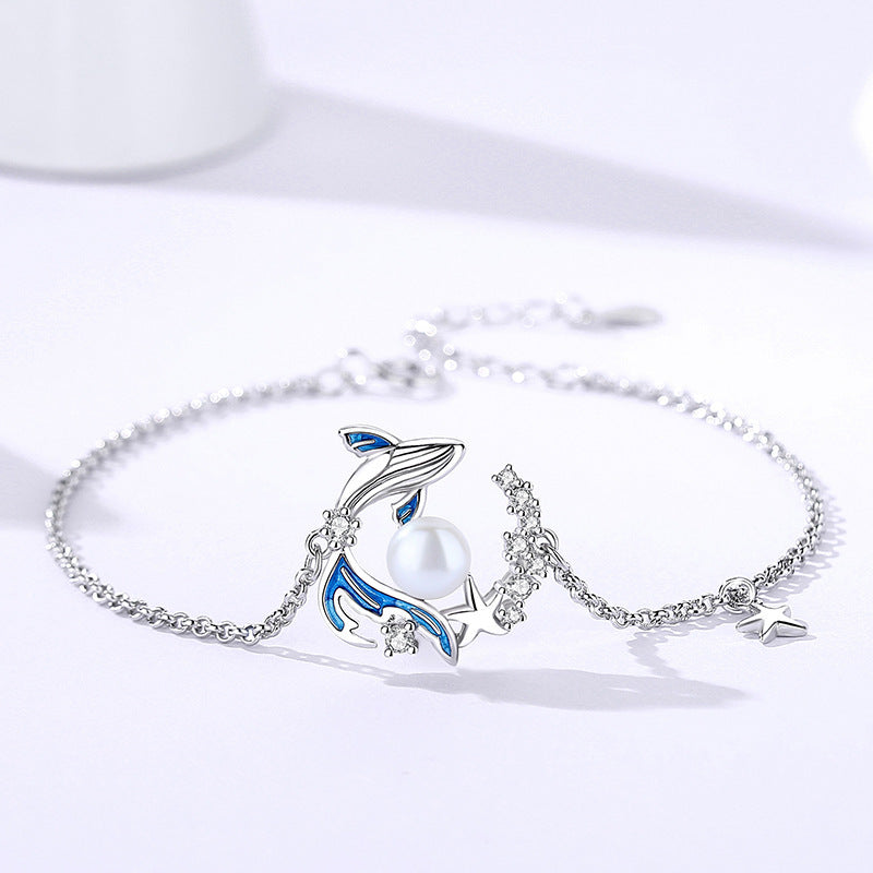 Original design whale fall bracelet s925 pure silver niche high-end zircon round bead bangle jewelry
