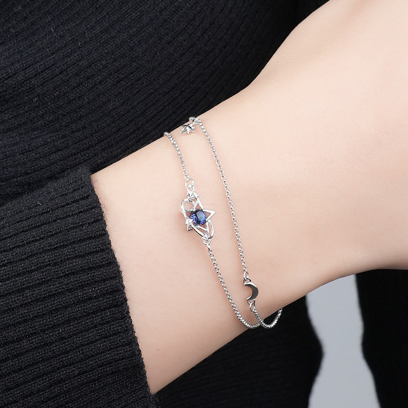 Original Star Movement Trajectory S925 Pure Silver Glass Stone Star Bracelet for Women, Versatile Double Layer Star Accessories