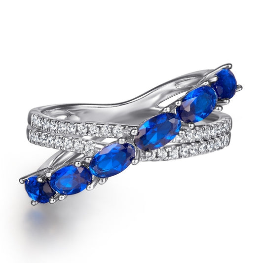 S925 silver new European and American style ring with blue gemstone, cross ring, S925 silver ring for women, designer niche cubic zirconia ring